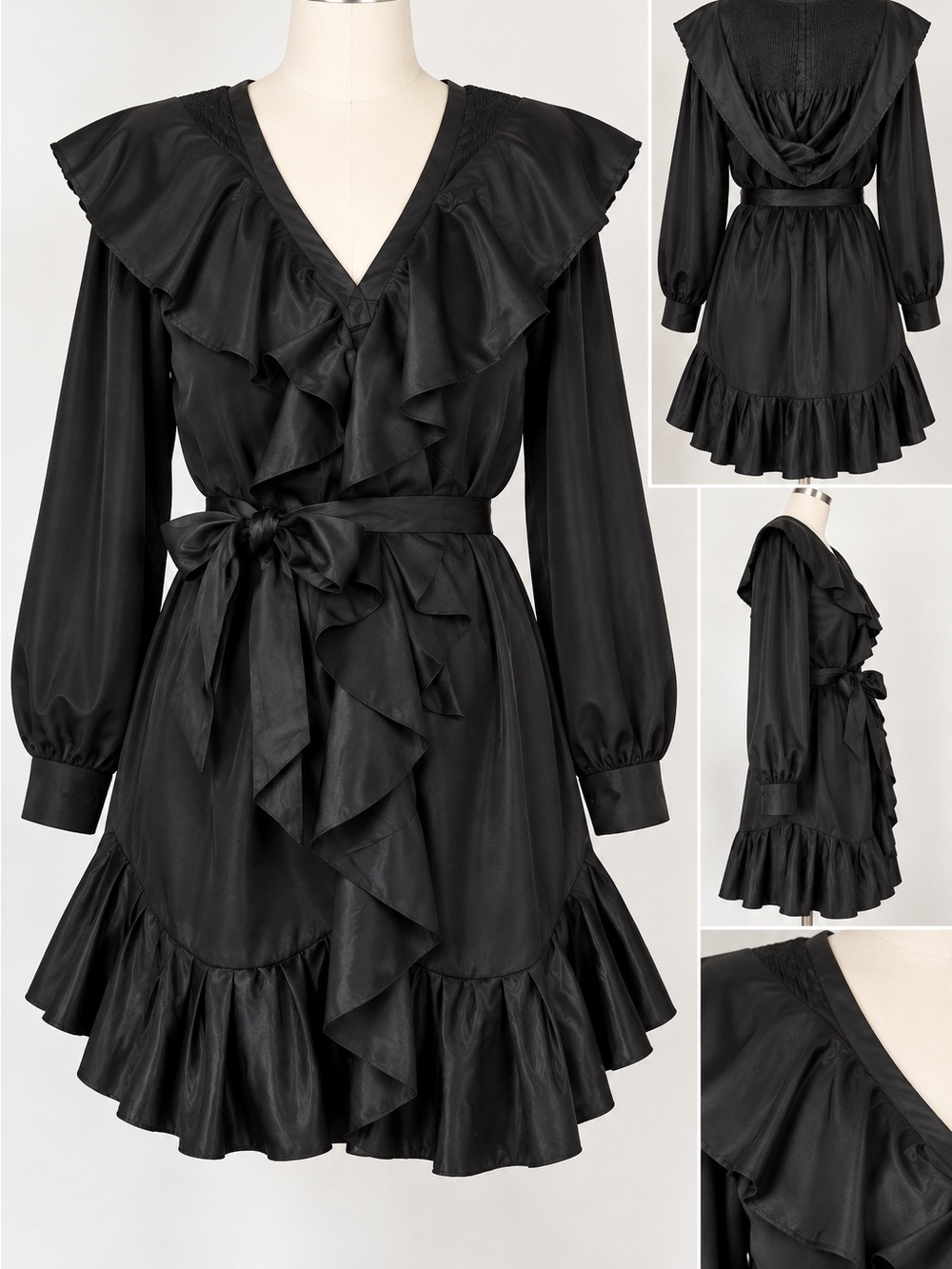 Samuel Dong Black Ruffle V-Neck Mini Dress with Tie Waist, Medium